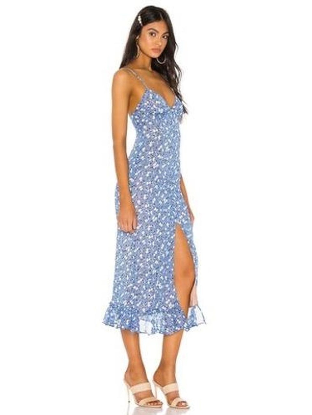 MAJORELLE Blue Floral Ruffle-Hem Midi Dress